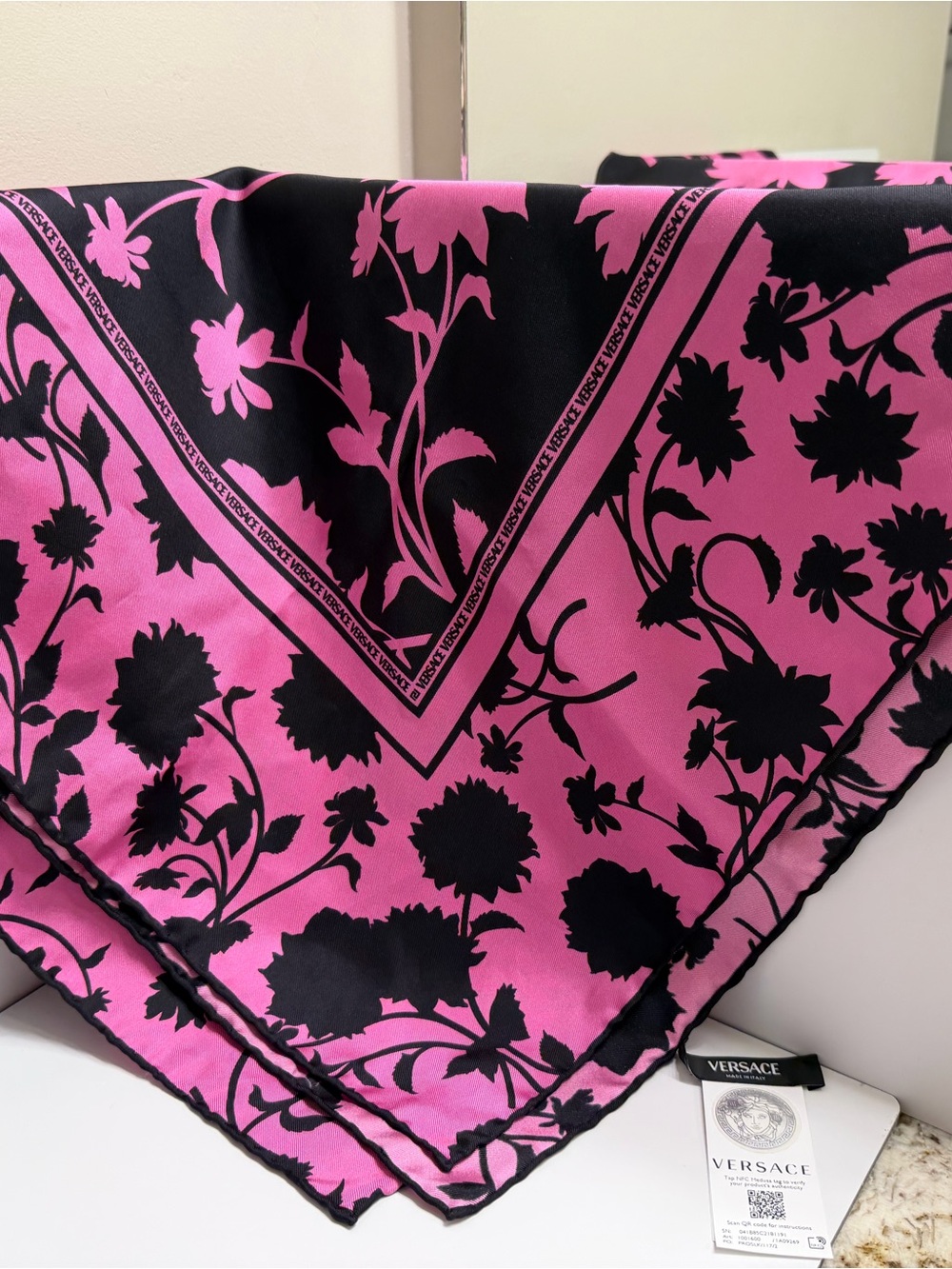 Versace Black & Pink Floral Silk Square Scarf